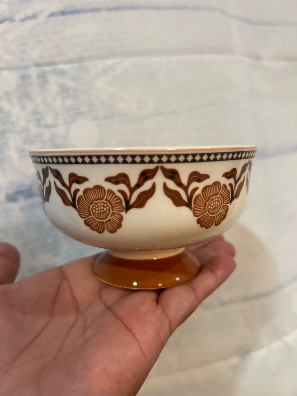 Anthropologie Reverie Stoneware Nut Bowl Rust Orange Floral Print